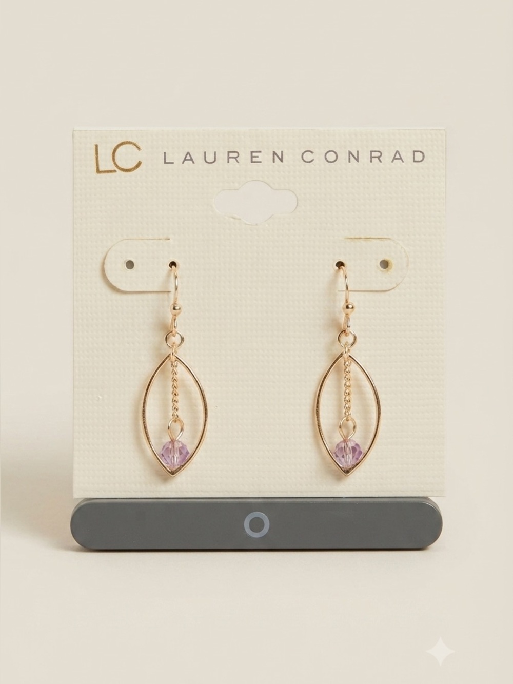 LC Lauren Conrad Gold Tone Oval Hoop Dangle Earrings Lavender Crystal NWT